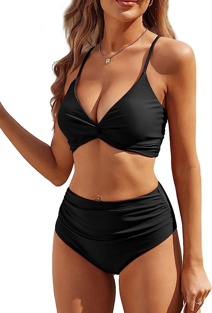 ZAFUL Twist Cross Bikini for Women High Waisted Bikini Sets Tummy Control Ruched 2 Piece Bathing ... | Amazon (US)