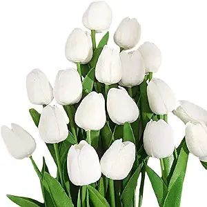 30PCS Real-Touch PU Artificial Tulip Flowers for Home Wedding Party Decor (Pure White) | Amazon (US)