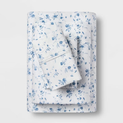 Full Printed Performance 400 Thread Count Sheet Set White/Blue Floral - Threshold™: Cotton Sate... | Target
