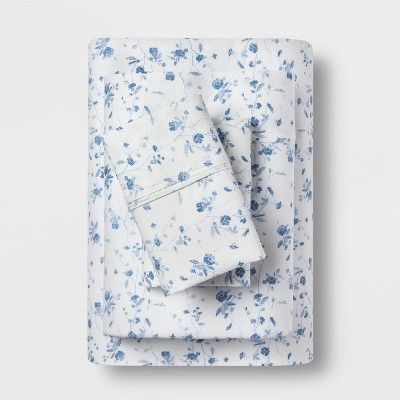 Full 400 Thread Count Floral Print Cotton Performance Sheet Set White/Blue Floral - Threshold&#84... | Target