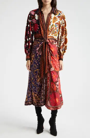 FARM Rio Miranda Mix Print Long Sleeve Satin Shirtdress | Nordstrom | Nordstrom