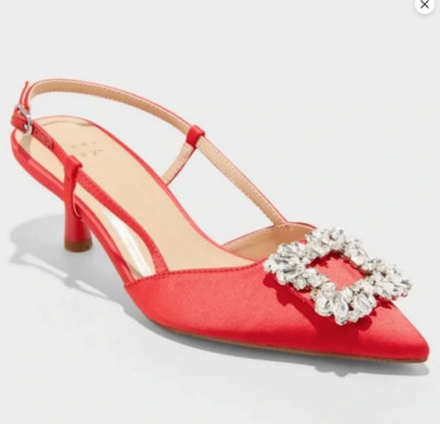 Women's Annette Satin Slingback Heels with Memory Foam Insole - A New Day Red 6 | eBay US