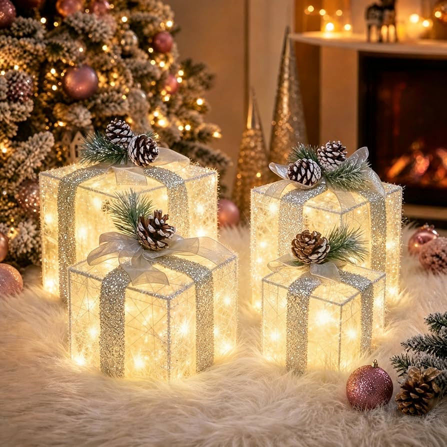 Set of 4 Christmas Lighted Gift Boxes, Battery Operated Xmas Decor | Amazon (US)