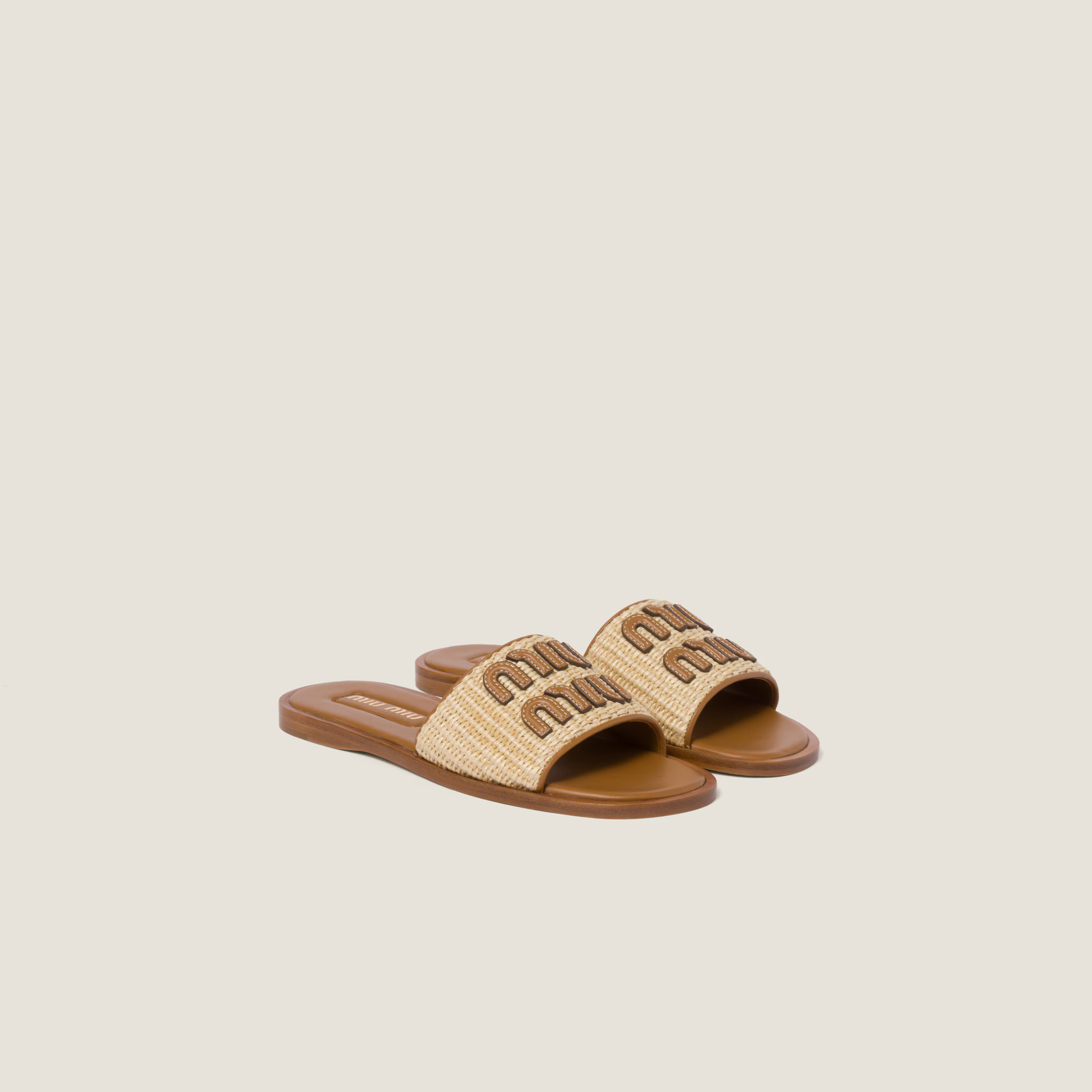 Natural Raffia-effect Woven Fabric Slides | Miu Miu | Miu Miu UK