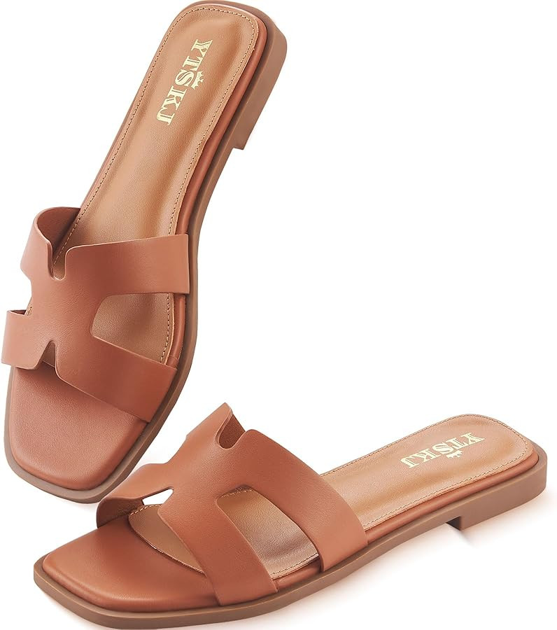 Sandals for Women 2026 Dressy Slides Flat Open Toe Comfortable Soft Leather Slip On Ladies Casual... | Amazon (US)