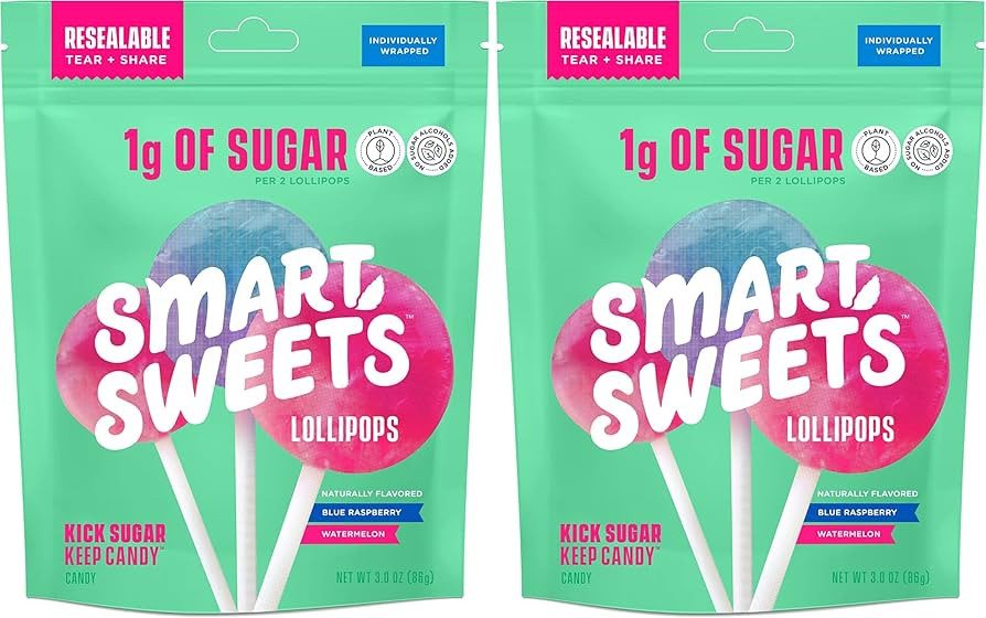 SmartSweets Lollipops, 3oz, Blue Raspberry & Watermelon Flavors, Hard Candy with Low Sugar (1g), ... | Amazon (US)