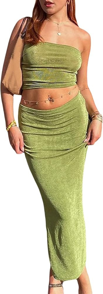 Argeousgor Women Y2K Skirt Set Outfits Strapless Crop Top Bodycon Midi Skirt Dress Sexy 2 Piece K... | Amazon (US)