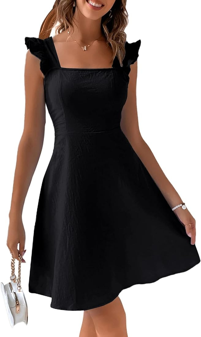 Vrtige Women's Square Neck Tie Back Sleeveless Ruffle Hem Flowy A Line Mini Dress | Amazon (US)