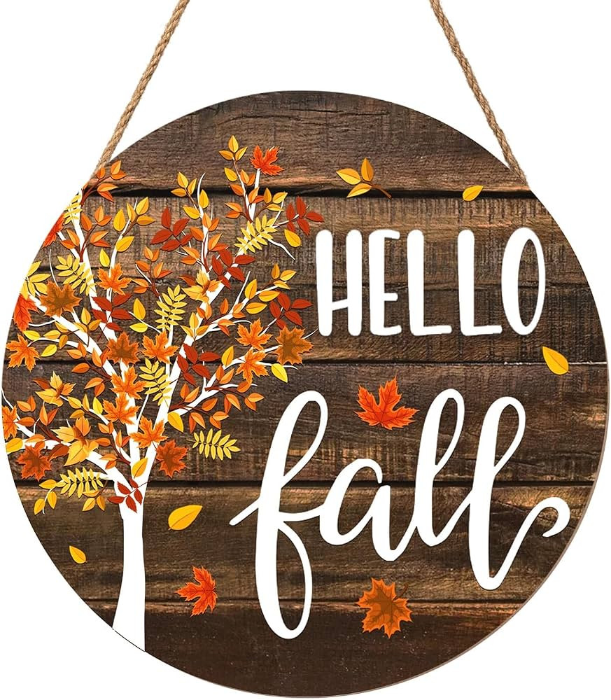 Hello Fall Wreath for Front Door Fall Tree Welcome Door Sign 12x12 Inch Autumn Maple Leaves Wood ... | Amazon (US)