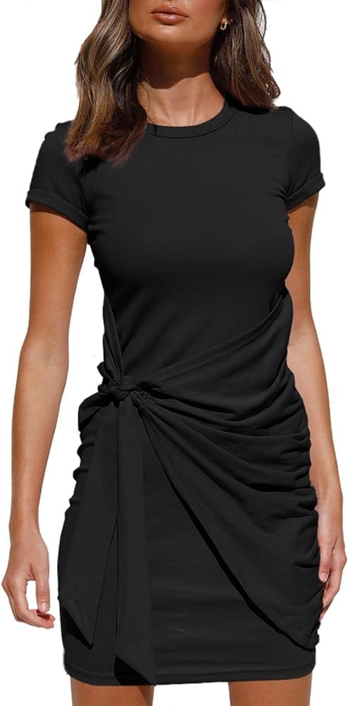 LILLUSORY Women's Summer T Shirt Dress Casual Short Sleeve Crewneck Bodycon Ruched Tie Waist Mini... | Amazon (US)