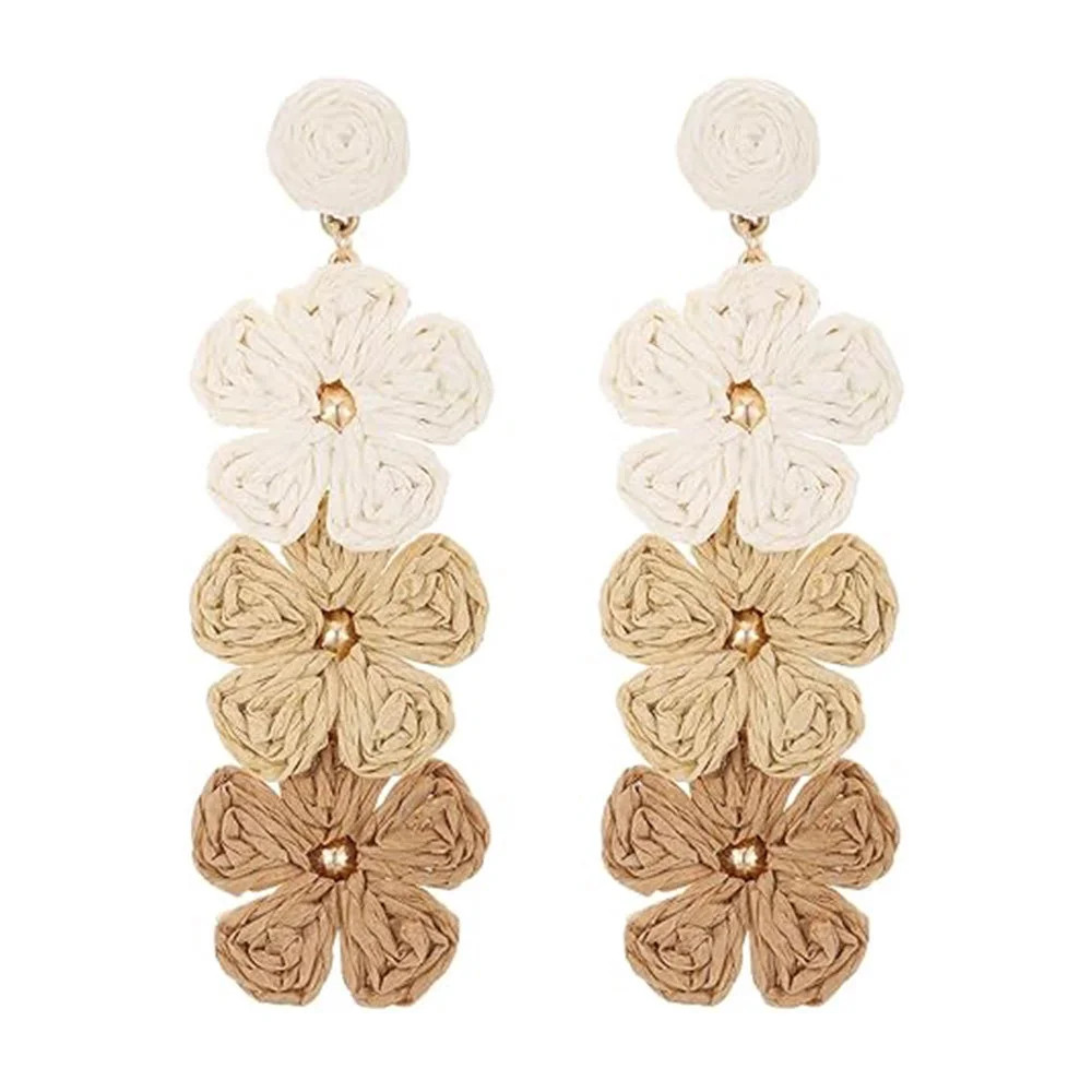 Raffia Flower Dangle Earrings for Women, Handmade Boho Straw Wrapped Rattan Gradient Floral Statement Jewelry for Spring Summer Beach Vacation Gift - Walmart.com | Walmart (US)