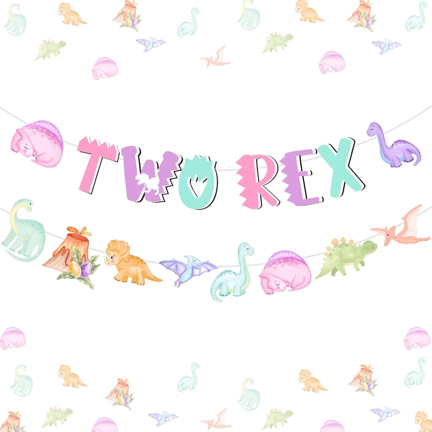 Dinosaur 2nd Birthday Decorations Girl - Two Rex Birthday Banner with Dinosaur Garland, Pink Roar... | Amazon (US)