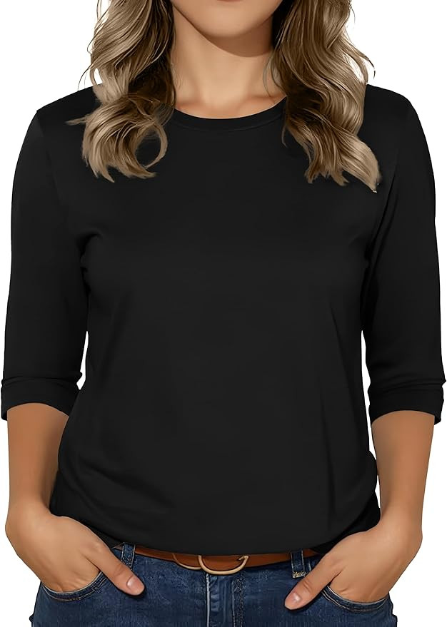 3/4 Sleeve Tops for Women Basic Crew Neck Spring Blouses Casual Fit Fall T Shirts 2026 | Amazon (US)