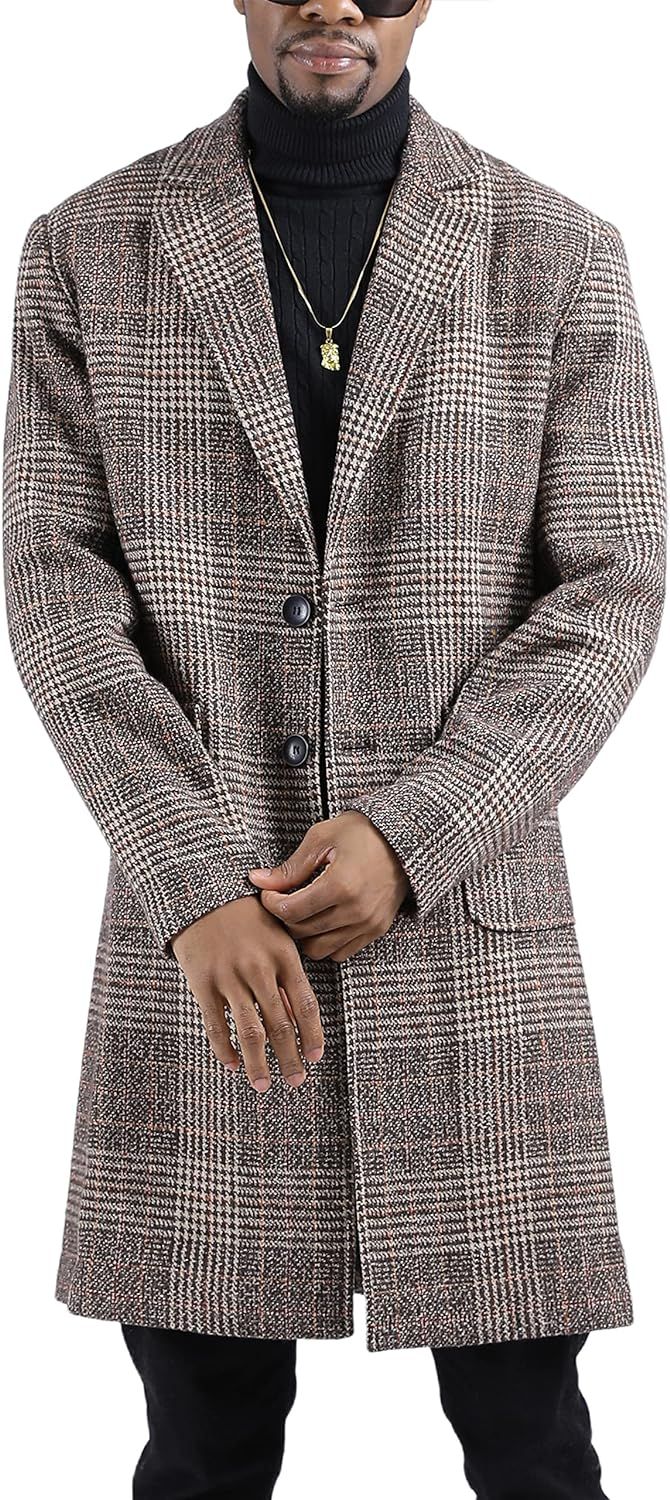 Uaneo Men's Casual Notch Lapel Single Breasted Plaid Mid Long Trench Pea Coat | Amazon (US)