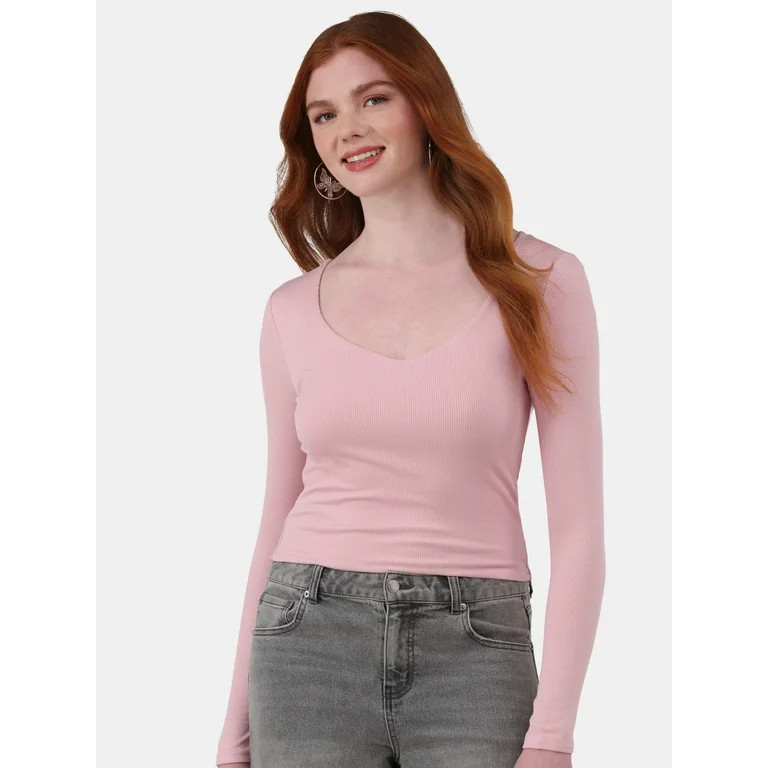 No Boundaries Double Layer V-Neck Cropped Tee, Women's and Women’s Plus | Walmart (US)