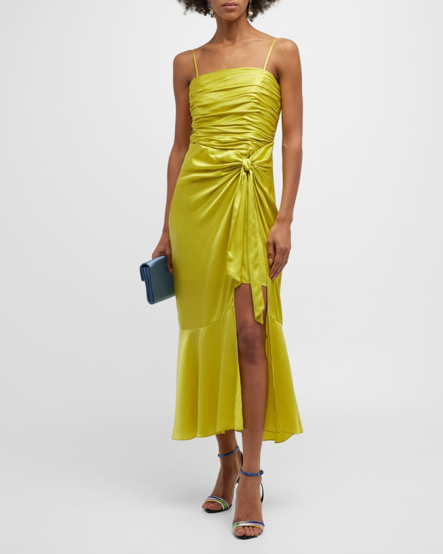 Cinq a Sept Katz Side-Tie Shirred Silk Midi Dress | Neiman Marcus
