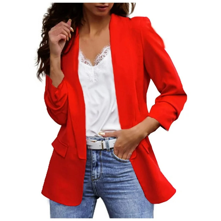 Zshosam Women's Relaxed Scuba Knit Stretch Blazer with Scrunch Sleeves(Red,M) | Walmart (US)