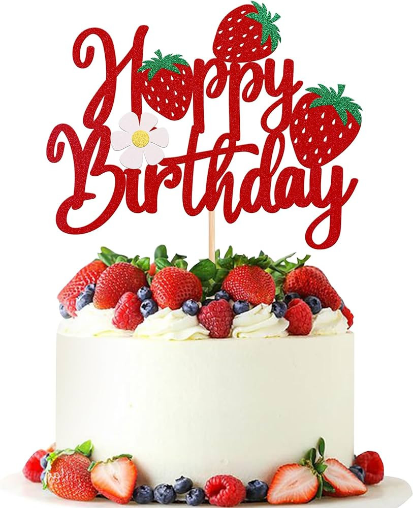 1 Pack Happy Birthday Cake Topper Glitter Strawberry Cake Pick for Fruit Theme Baby Shower Kids B... | Amazon (US)