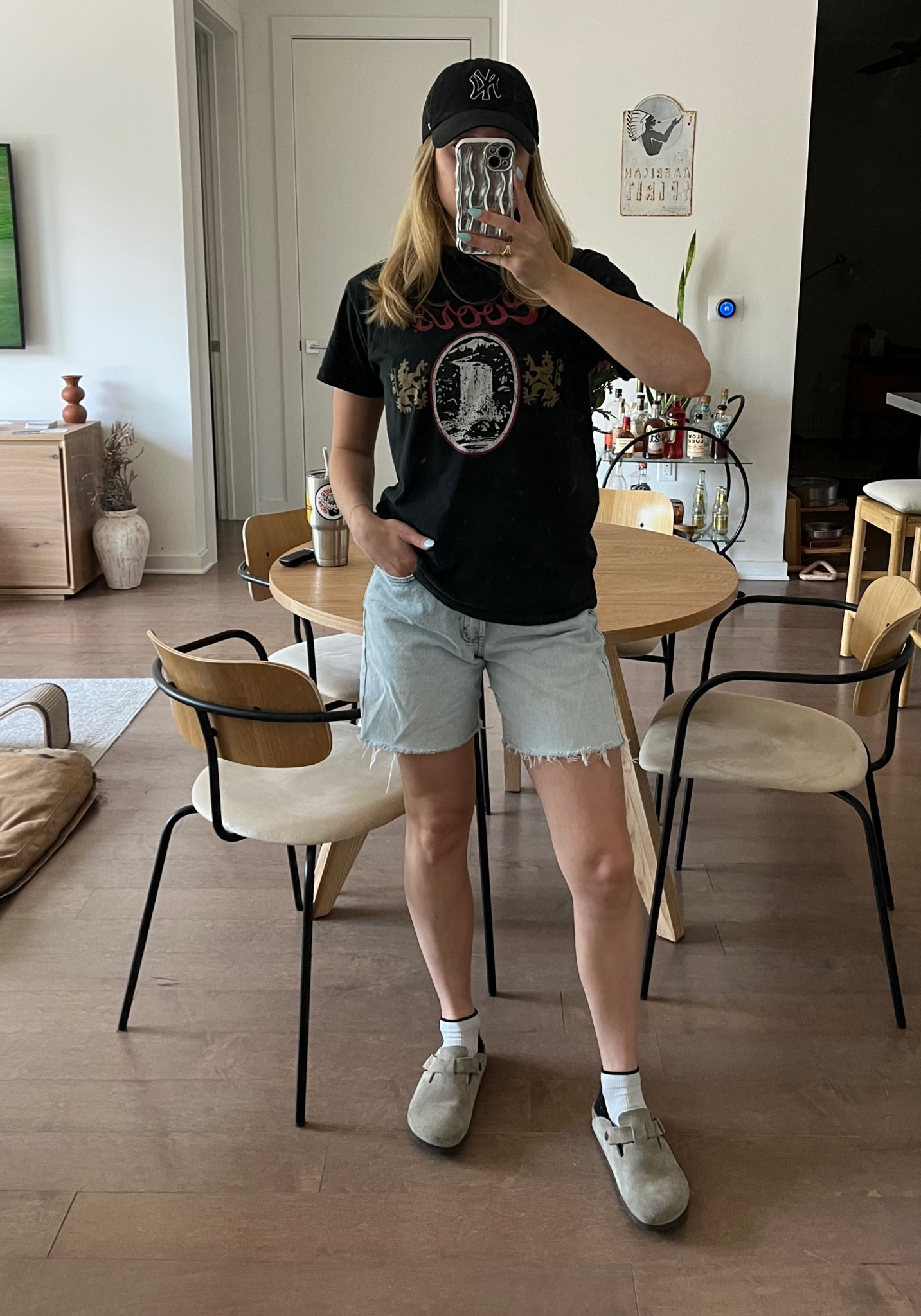 Hope y’all are getting acquainted with our mirror 
Top to Bottom 
Hat: '47 NY Yankees in black
Shirt: original retro brand, from our nuuly order (sold out will link similar)
Shorts: cut off Bongo jeans (will link similar) 
Shoes: Birkenstock 

#LTKunder100 #LTKfit #LTKSeasonal