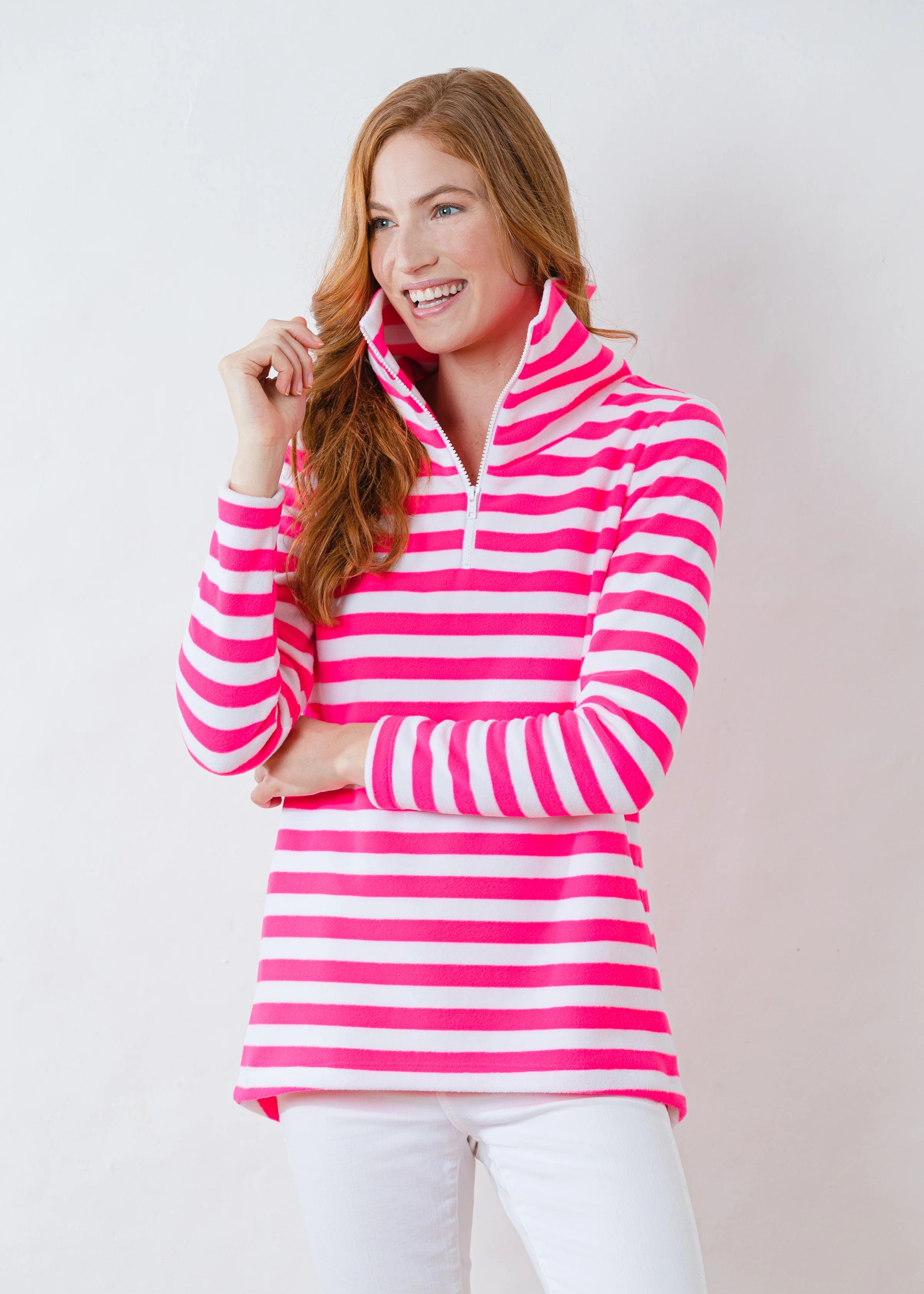 Prospect Pullover in Striped Fleece (Neon Pink / White) | Dudley Stephens