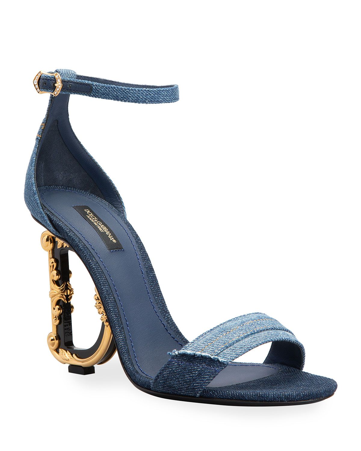 Denim Barocco-Heel Sandals | Neiman Marcus