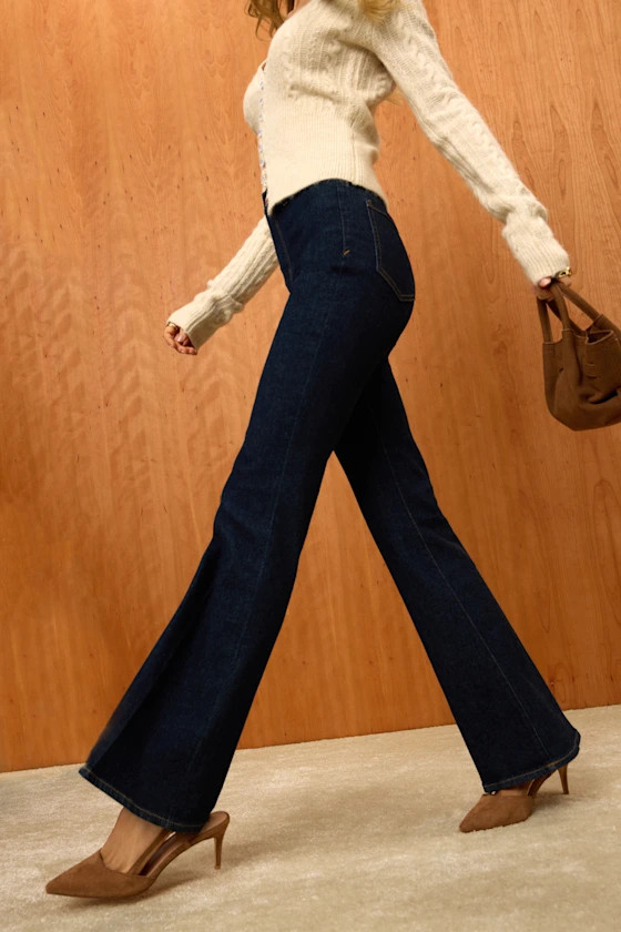 Sunset Dark Wash Denim High-Rise Flare Jeans | Lulus