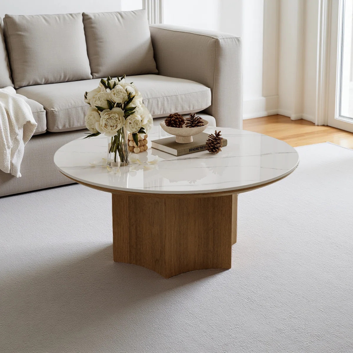 35'' Round Coffee Table With Wooden Base, Modern Coffee Table Sintered Stone Top | Wayfair North America
