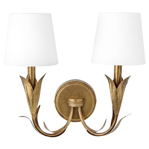 Regina Andrew River Reed Antique Gold Leaf Steel Linen Shade Double Armed Sconce | Kathy Kuo Home