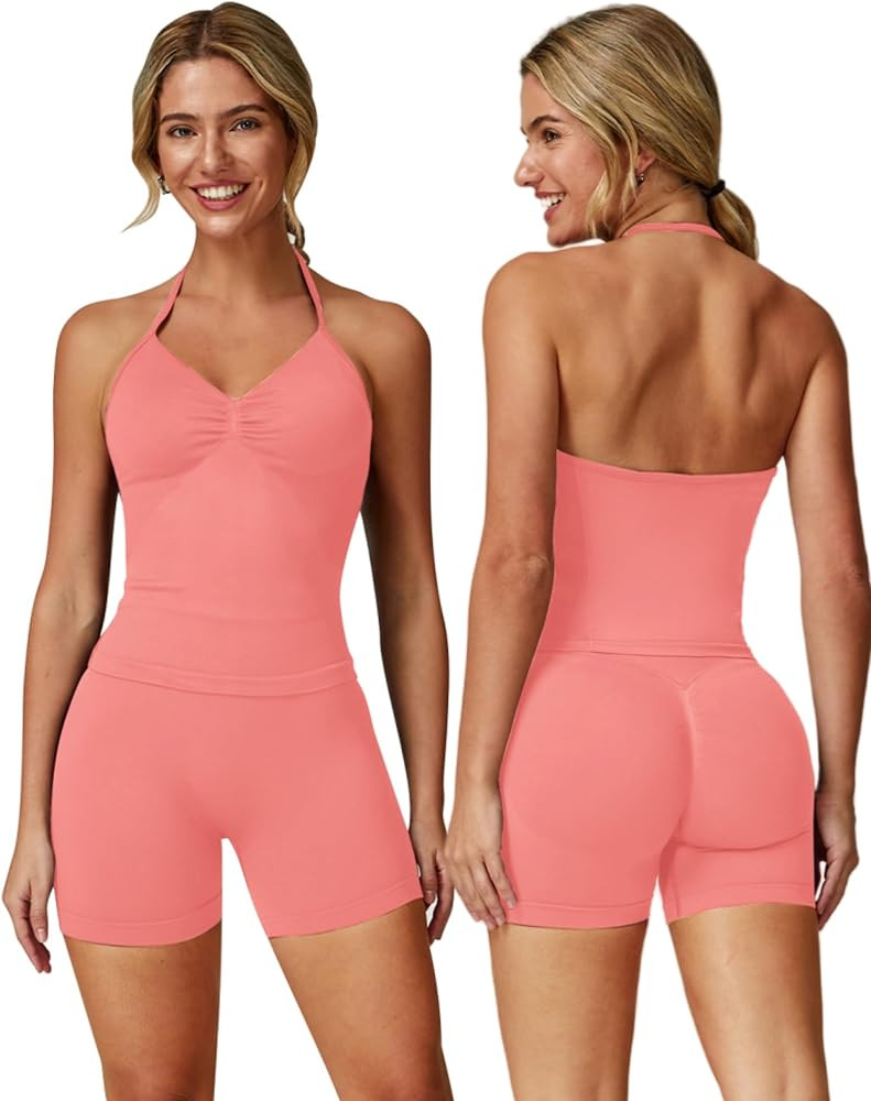 ABOCIW Workout Sets for Women 2 Piece Seamless Impact Longline Strappy Top Scrunch Butt High Wais... | Amazon (US)