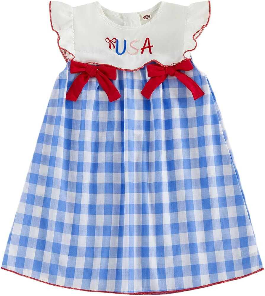 Little Baby Girl 4th of July Outfit Toddler USA Smocked Dress Ruffle Sleeve Plaid Fouth of July D... | Amazon (US)