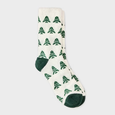 Women's Evergreen Trees Christmas Double Lined Cozy Crew Socks - Auden™ Ivory/Green 4-10 | Target