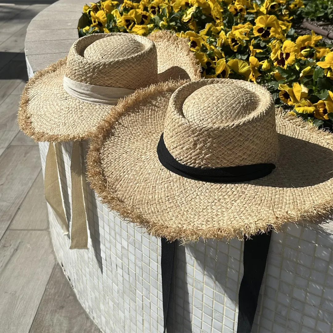 Boho Frayed Edge Straw Sun Hat: Wide Brim, Long Ribbon Tie - Etsy | Etsy (Global)