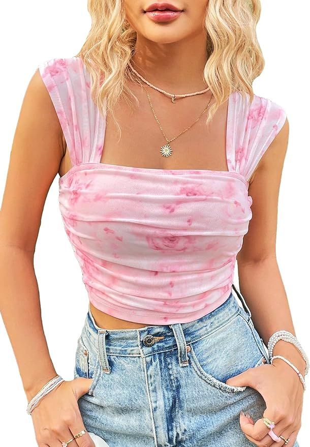 SHENHE Women's Floral Tie Dye Wide Strap Square Neck Ruched Casual Fitted Crop Tank Top | Amazon (US)