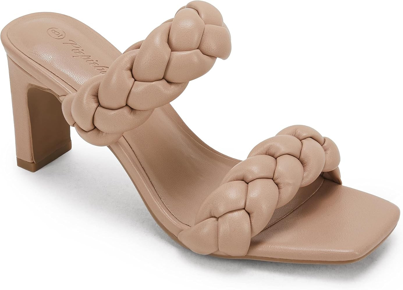 PiePieBuy Womens Square Toe Braided Chunky Heeled Sandals Two Strap Backless Pumps Shoes | Amazon (US)