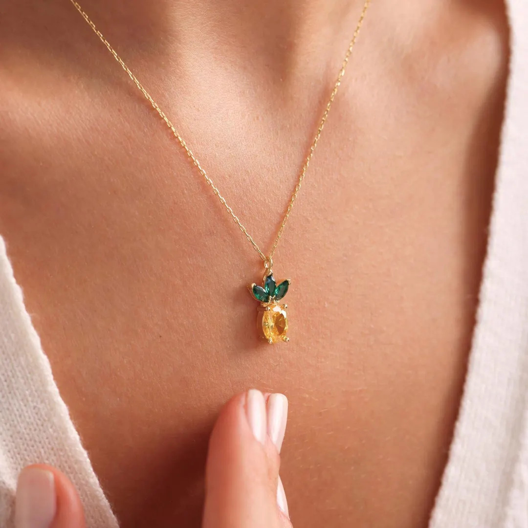 Dainty Pineapple Citrine Necklace, Emerald Leaf Gold Necklace, Tropical Fruit Jewelry, Sterling S... | Etsy (US)