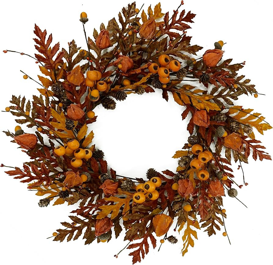 WreathDream 20 inch Fall Wreath Autumn Oak Leaves Wreath with Cape Gooseberry,Oak Leaf,Acorn,Berr... | Amazon (US)