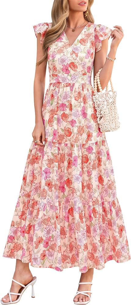 PRETTYGARDEN Women's Floral Maxi Dresses Summer Casual Wrap V Neck Ruffle Sleeve Flowy Long Beach... | Amazon (US)