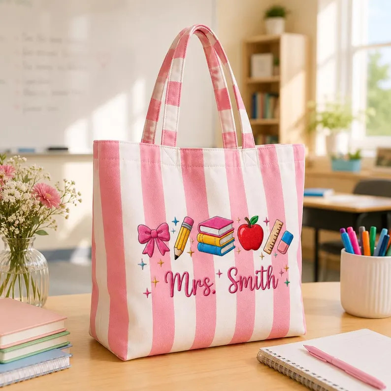 Personalized Teacher Striped Tote Bag, Custom Embroidered Canvas Bag, Teacher Appreciation Gift, ... | Etsy (Global)