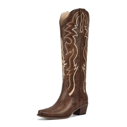 wetkiss Brown Cowboy Boots for Women Knee High Cowgirl Tall Boots with Classic Retro Embroidered Chunky Heel Slip On Pointed Toe Womens Western Boots for Girls Ladies | Amazon (US)