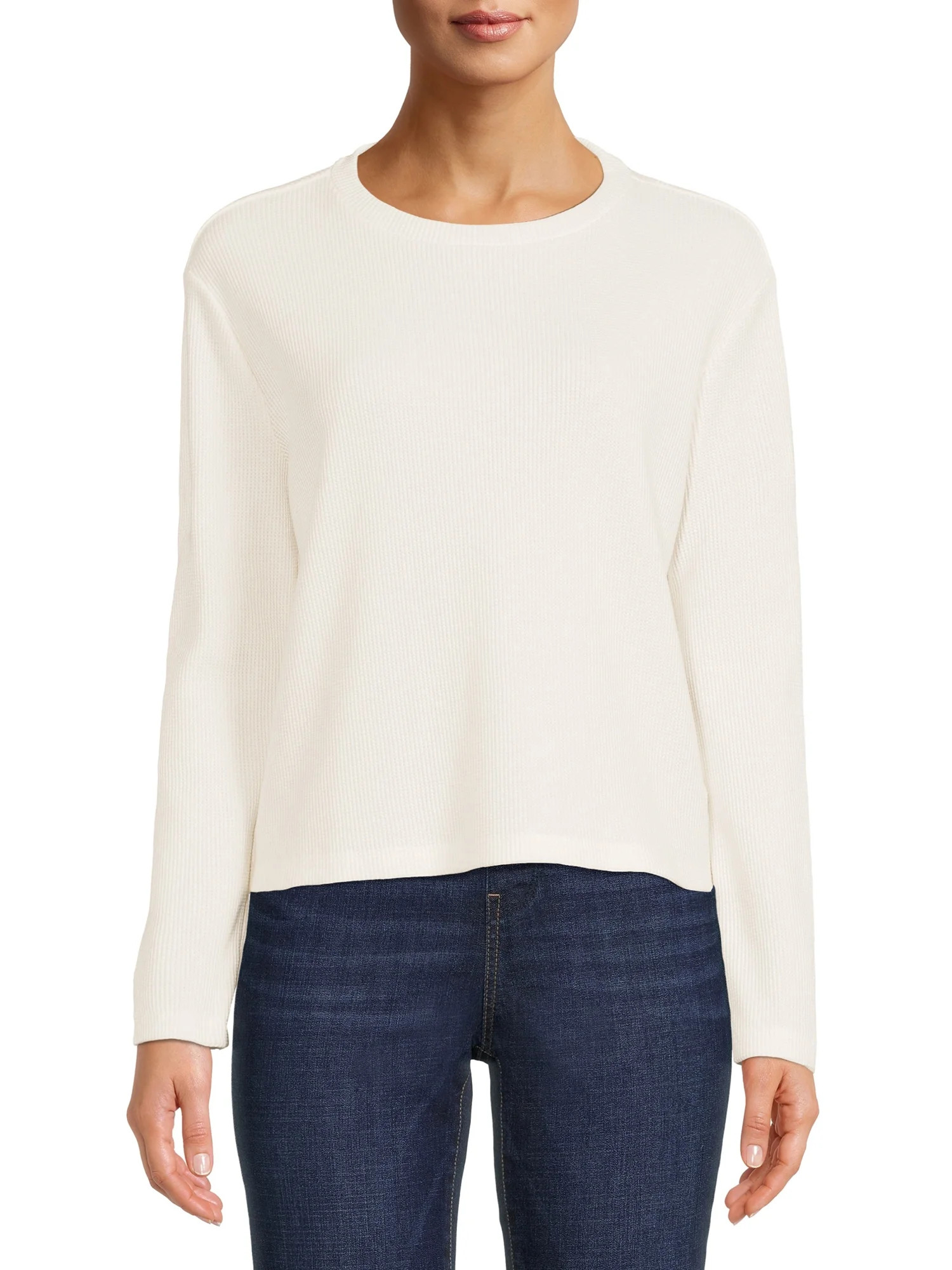 Time and Tru Women's Cropped Waffle Top with Long Sleeves | Walmart (US)