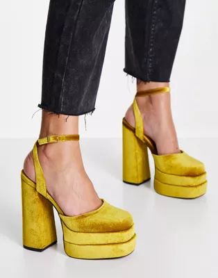 ASOS DESIGN Pluto platform heeled shoes in mustard velvet | ASOS (Global)