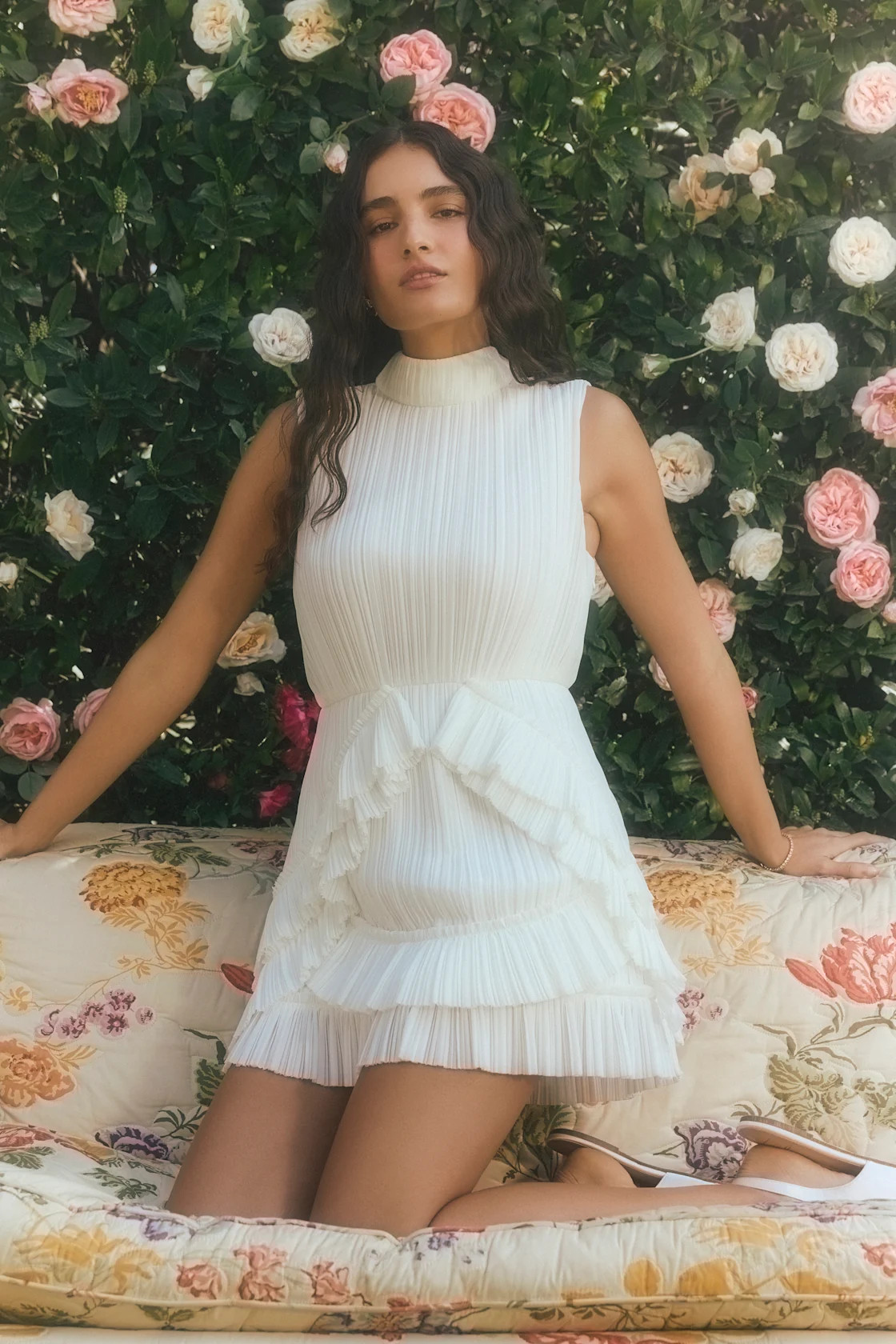 Alvana White Plisse Mock Neck Ruffled Mini Dress | Lulus