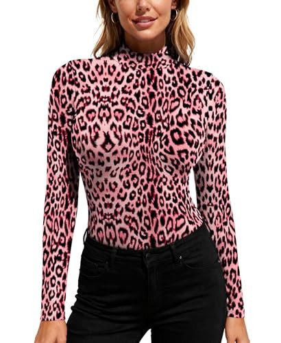 YumiDay Women Cheetah Leopard Print Tops Mock Neck Long Sleeve Slim Fit Stretchy Undershirt Lightweight Layering Basic(Leopard Pink,S) | Amazon (US)