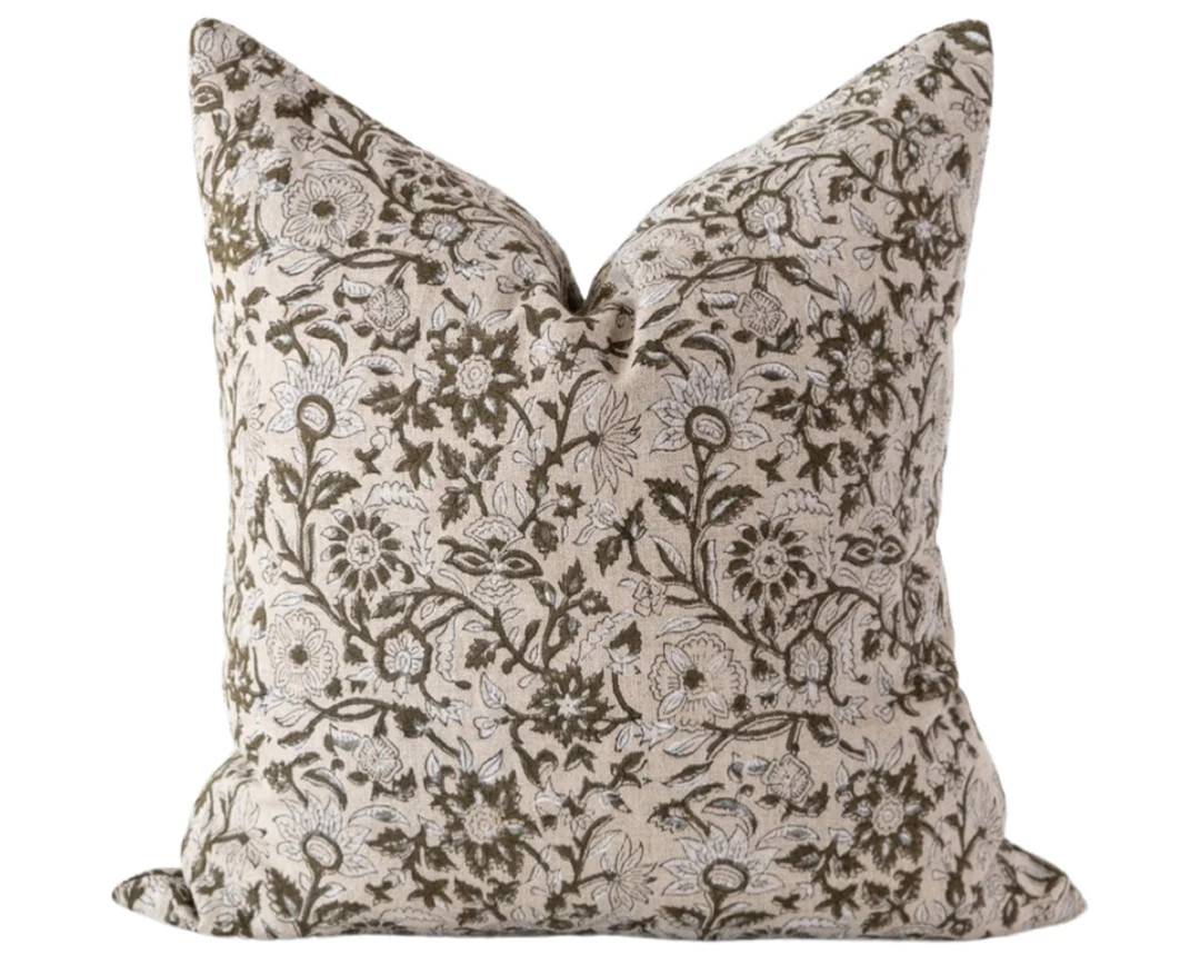 Floral Block Print Pillow Cover, Neutral Pillow, Farmhouse Pillow, Earthy Toned Pillow Cover, Blo... | Etsy (US)