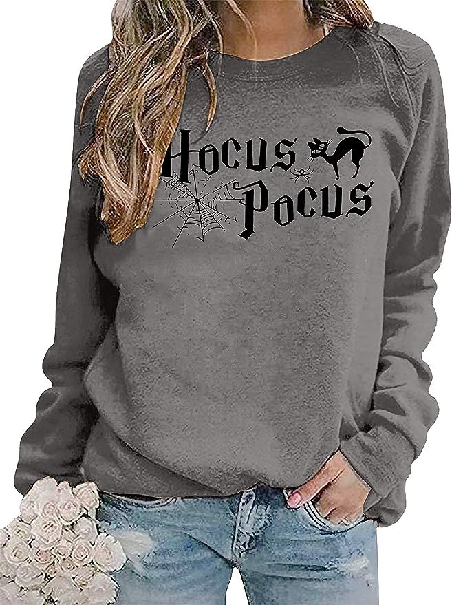 Hocus Pocus Sweatshirt for Women Halloween Shirts Long Sleeve Black Cat Shirt Halloween Pullovers... | Amazon (US)