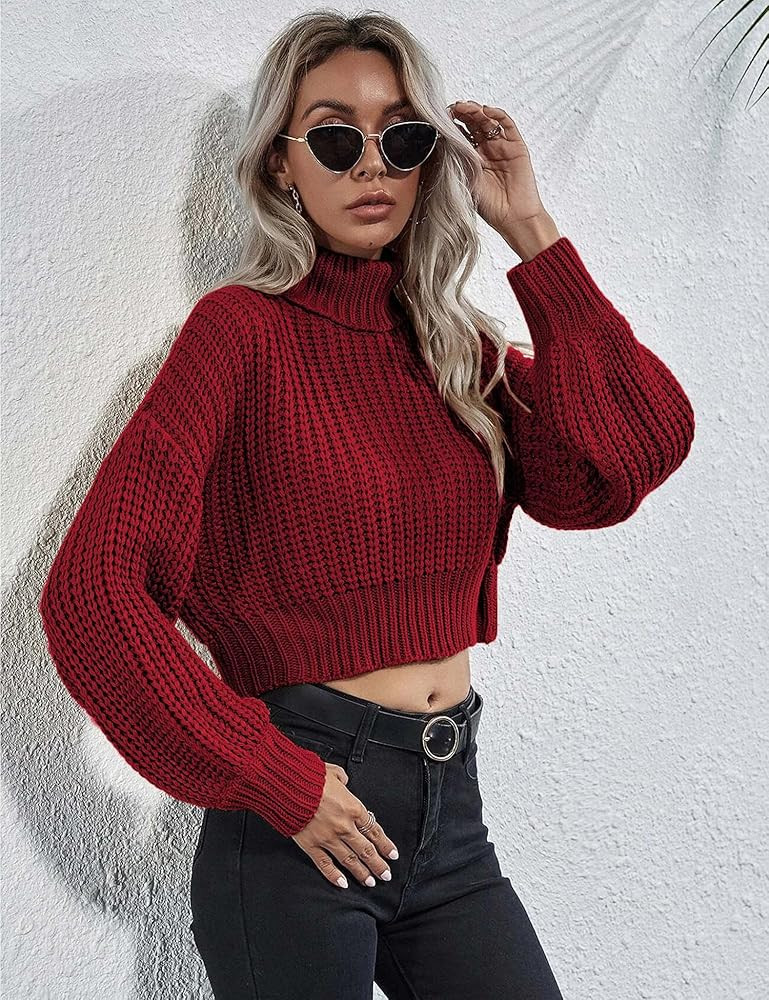 Chigant Women's Turtleneck Knit Sweaters Casual Lantern Long Sleeve Pullover Cropped Cute Jumper Dro | Amazon (US)