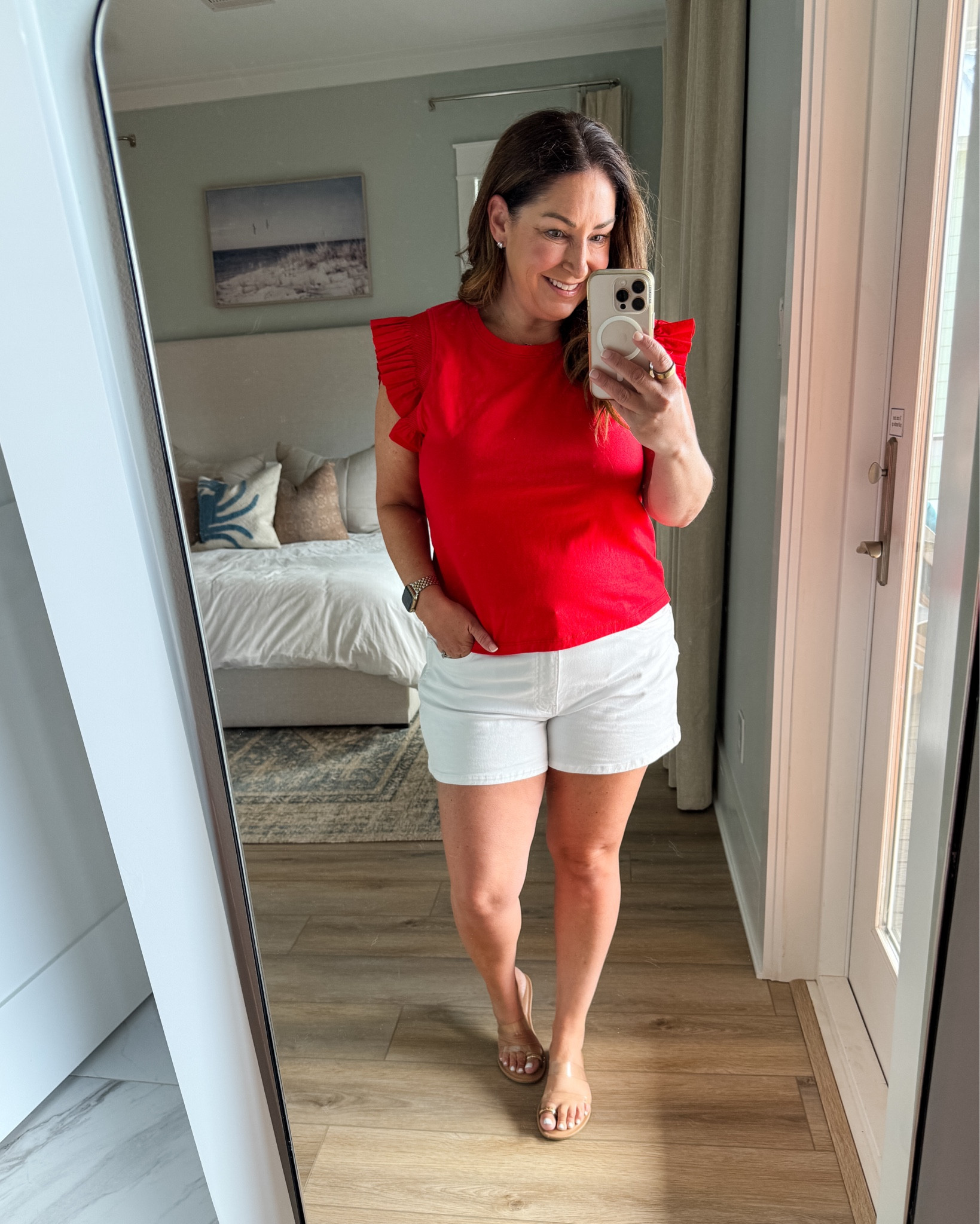 Summer outfit with red top from evereve tts, L // White denim shorts tts, 14  

 #LTKSeasonal #LTKOver40 #LTKMidsize