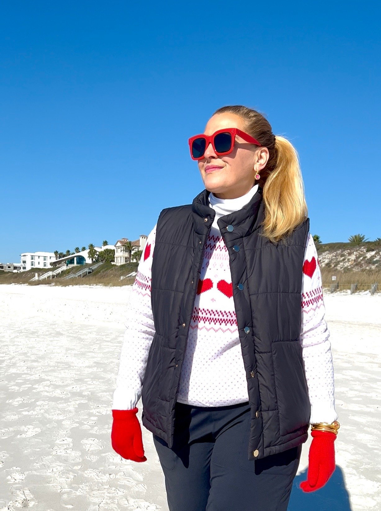 Casual and cozy cold weather outfit perfect for walking and traveling!

Great Valentine’s Day outfit too. Right?

This heart sweater is adorable and kept me warm in Rosemary Beach, Florida! Everything I’m wearing fits true to size.

Sweater medium, joggers large, Puffer vest large, Hoka sneakers size 9, gloves 


#LTKSeasonal #LTKFindsUnder100 #LTKOver40 #LTKfitnessgoals #LTKActive #LTKSaleAlert #LTKFindsUnder50 #LTKGiftGuide #LTKHoliday #LTKMidsize #LTKTravel #LTKgrwm #LTKootd #LTKmorningroutine