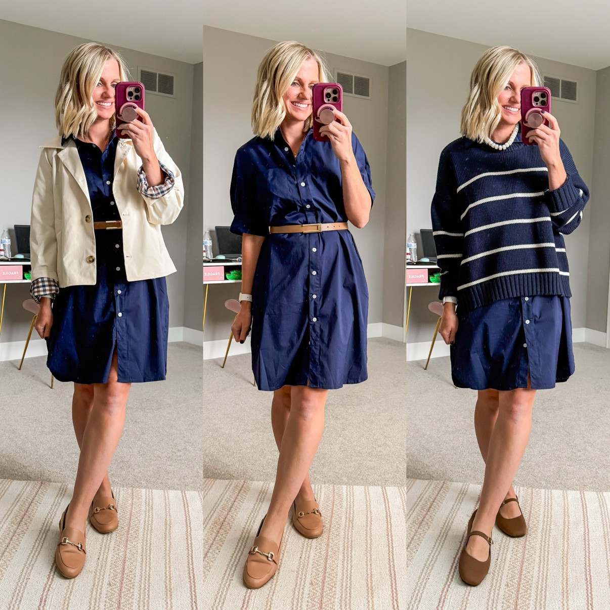 Fall Capsule 2026 🍂 Three ways I'm styling my navy shirt dress! This is look 2 of 2 with this piece — my 20-piece capsule mixes and matches into 120 outfits. Which one is your favorite?! Shop the pieces on my LTK! 🤎 

 #fallcapsulewardrobe #capsulewardrobe #falloutfits #fallfashion #petitestyle #affordablefashion #ltkstyle #ltkfall
