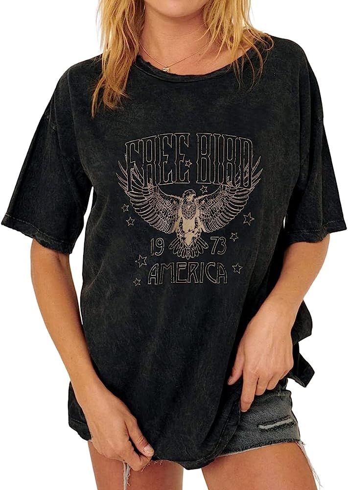 Vintage Rock Band Tshirts Women Retro Free Bird Western Graphic Tees Country Music Shirts Casual ... | Amazon (US)